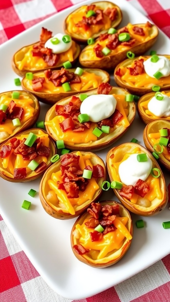 Loaded potato skins topped with cheese, bacon, and sour cream, perfect for a 4th of July gathering.